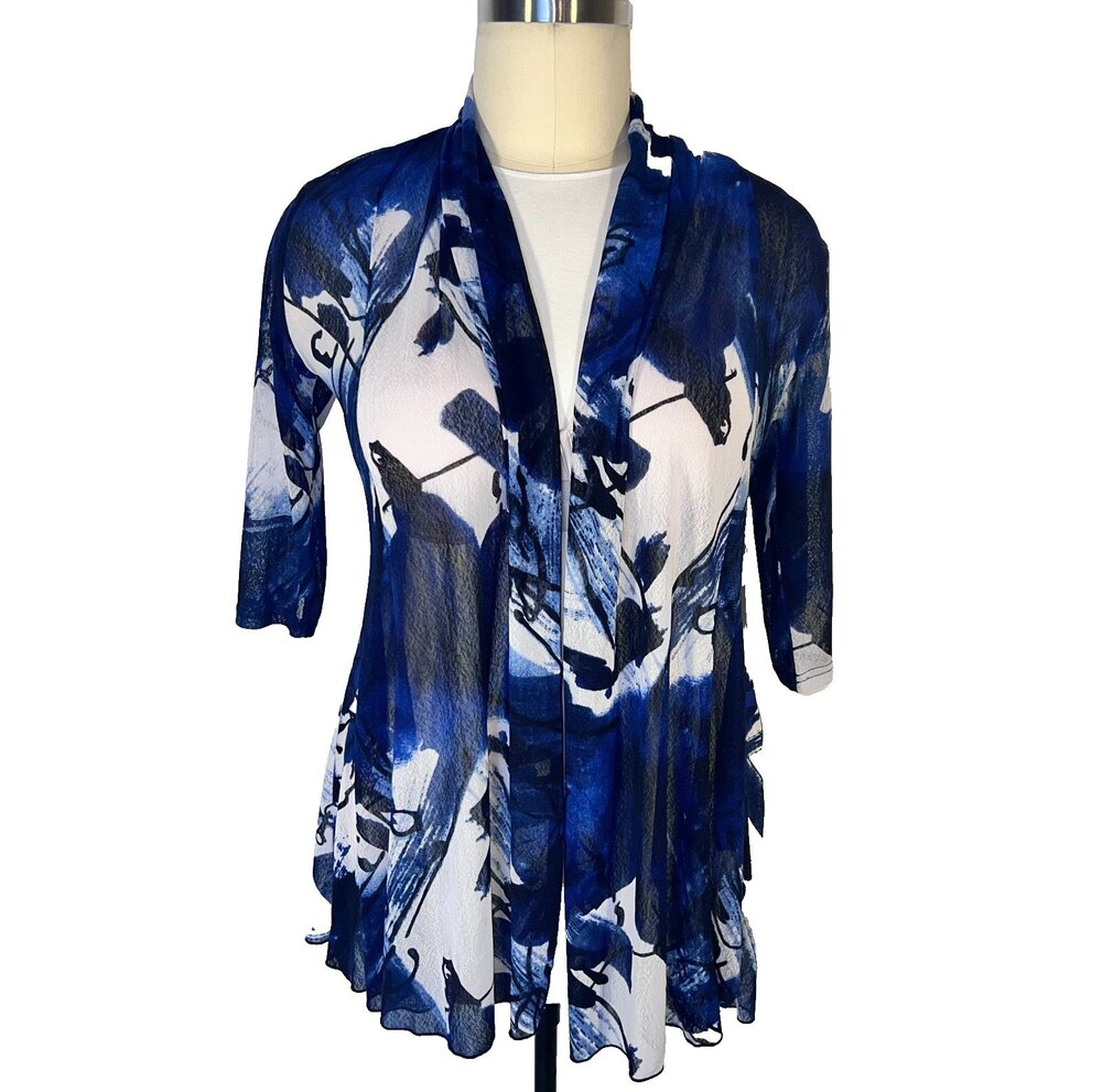 Creation -Cardigan Sweater Women's XLDeep Blue Open Front Abstract Waterfall Hem